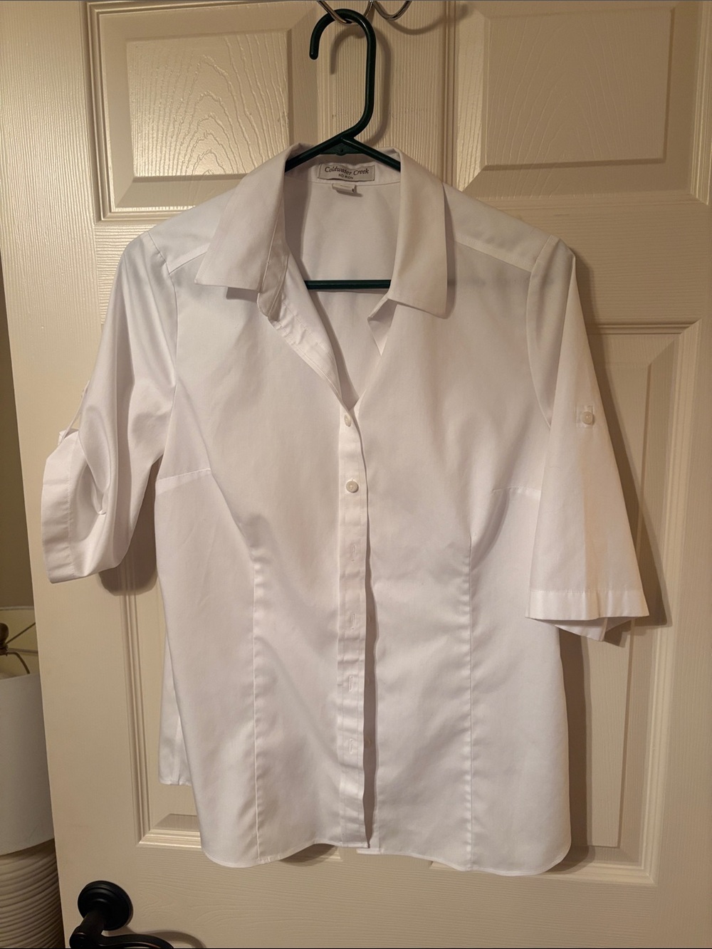 Coldwater Creek White Button-Up Short Sleeve Blouse